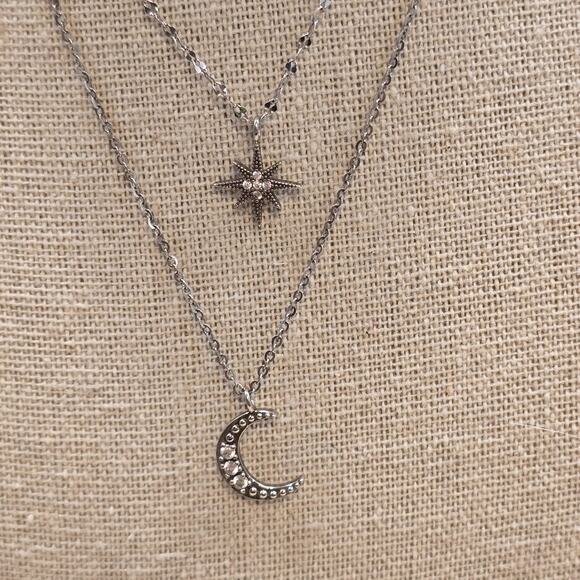 Delicate Sterling Silver 925 Layered Choker Chain Necklace CZ Star Moon Pendant - Picture 3 of 14